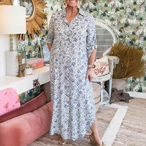 Elegant floral print maxi shirt dress with lapel collar and mid-sleeves for spring