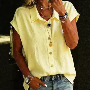 Casual loose-fitting short-sleeve shirt for women in light yellow with lapel collar.