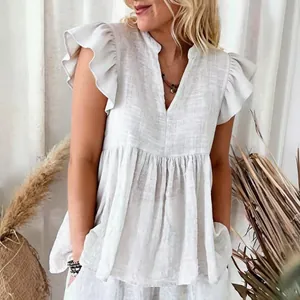 Blusa de verano blanca casual para mujer con cuello en V, mangas con volantes y textura de lino