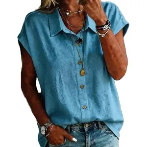Casual light blue loose fit women's short sleeve button down shirt with front collar