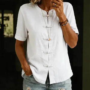 Chemise décontractée en lin blanc à manches courtes et boutons chinois pour femme