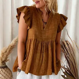 Blusa boho marrón óxido con cuello en V, elegantes mangas con volantes y ajuste holgado relajado