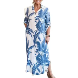 Casual loose women's shirt dress with tropical leaf print and lapel collar for spring