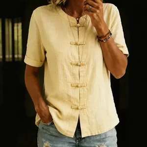 Blouse décontractée à manches courtes pour femmes avec boutons grenouilles traditionnels