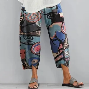 Pantalon Large Décontracté en Polyester pour Femmes Ourlet en V Irrégulier Taille Élastique Imprimé Abstrait Boho Pantalon 7/8 Avec Poches