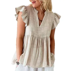 Blusa informal holgada para mujer con cuello en V, mangas con volantes y lino beige