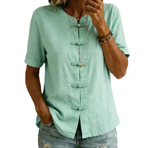 Chemise décontractée à manches courtes pour femmes avec boutons chinois vert menthe
