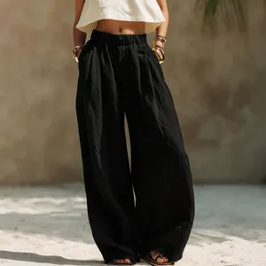 Pantalones de verano casuales de algodón y lino negros de pierna ancha con cintura alta