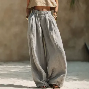 Pantalones anchos de lino de cintura alta para mujer en estilo casual de verano gris