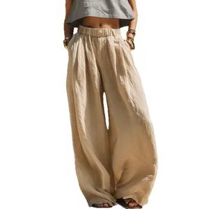 Pantalones anchos informales de algodón y lino con cintura elástica y bolsillos mujer