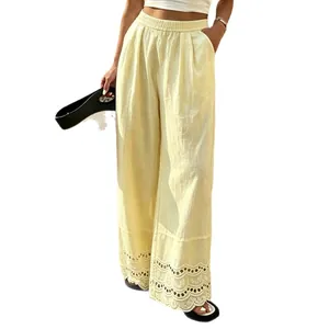 Casual dames losse katoenen linnen broek met wijde pijpen en elegante kanten details