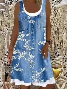 Vestido Midi Sin Mangas Bohemio Casual para Mujer Falso Dos Piezas Aspecto Denim Estampado Floral Verano Vestido de Tirantes Suelto Con Botones