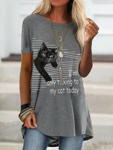 Detail of women's grey tunic shirt with "I'm only talking to my cat today" print.