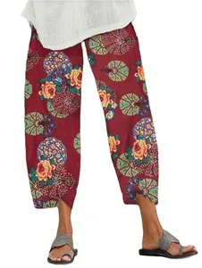 Pantalon décontracté large pour femme avec imprimés floraux ethniques et taille élastique