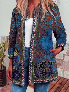 Detailed view of women's vintage ethnic printed long-sleeve cardigan jacket