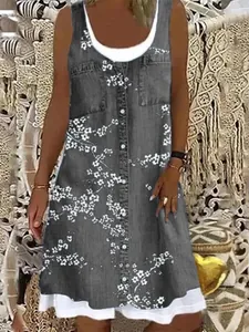 Vestido casual sin mangas con estampado floral para mujer, estilo denim y bajo blanco