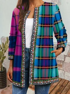 Vintage ethnic print long sleeve open front jacket featuring vibrant colorful plaid