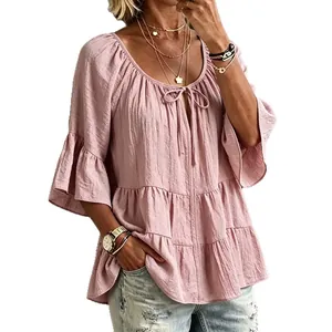 Women's casual loose solid color blouse with 3/4 sleeves and tiered ruffle hem