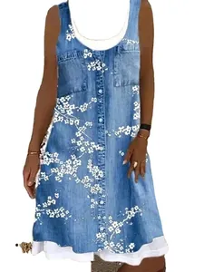 Vestido casual sin mangas con estampado floral denim y dobladillo blanco a capas para mujer