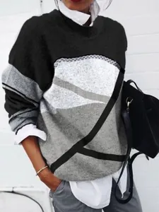 Women's Fashion Brushed Geometric Print Top Casual Loose Long Sleeve Sweatshirt Round Neck Pullover Streetwear Outerwear