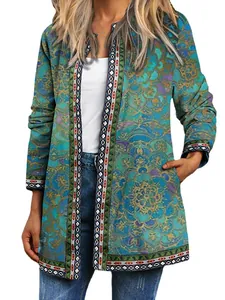 Gilet vintage imprimé ethnique bohème à manches longues pour femme, veste ouverte