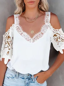 Maglietta da Donna Moda Comoda Scollo a V Pizzo Manica Corta Poliestere Ricamo Traforato Patchwork Spalle Scoperte Bianco Top Estate