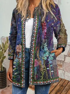 Close-up detail showing the vintage ethnic floral print on a long-sleeve cardigan jacket