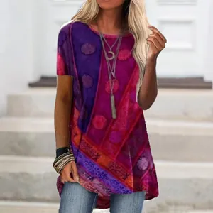 Stylish bohemian women's short sleeve tunic with vibrant purple digital print patterns