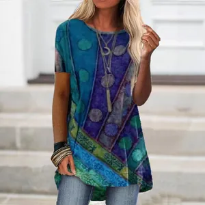 Women's casual short-sleeve T-shirt featuring a vibrant abstract digital print design