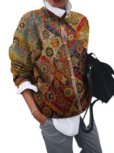 Elegante cardigan spazzolato a maniche lunghe con stampa geometrica vintage da donna