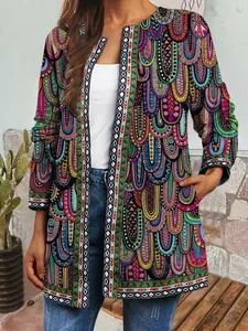Close-up of a vintage ethnic print long sleeve jacket cardigan with vibrant boho patterns