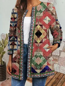Detailed view of women's retro ethnic style printed long-sleeved open jacket cardigan