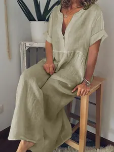 Bohemian style V-neck short sleeve cotton linen loose maxi dress in khaki green color