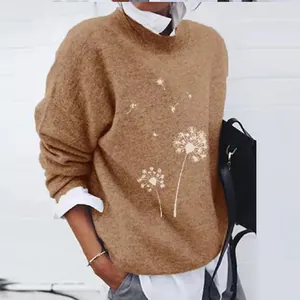 Detail of the dandelion print on the brown vintage loose long-sleeve casual sweatshirt