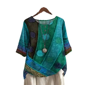 Haut décontracté ample pour femmes style bohème avec imprimés sarcelle et collier décoratif