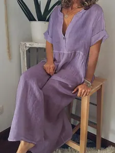 Women's loose purple cotton linen maxi dress with V-neck and short sleeves
