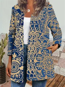 Detail view of ethnic mandala print on blue plus size open cardigan jacket