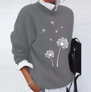 Close-up of a grey vintage dandelion print loose long-sleeved casual sweatshirt