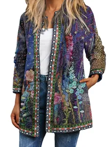 Veste cardigan femme imprimé floral ethnique vintage à manches longues, mode automne-hiver