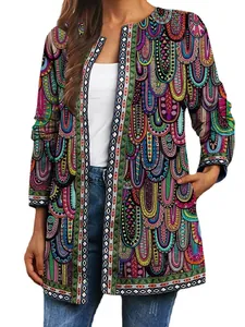 Retro ethnic print long-sleeve cardigan jacket for women with colorful patterns