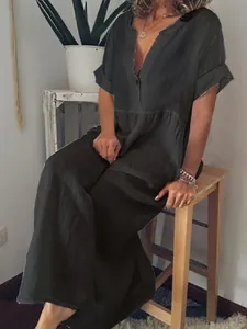 Casual women's V-neck short sleeve cotton linen loose maxi dress in charcoal gray