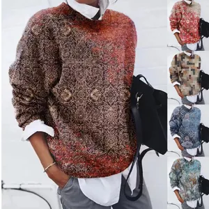 Sweat-shirt Femme Vintage Imprimé Floral Géométrique Manches Longues Col Rond Brossé Pullover Ample Top Mode Ethnique Décontracté