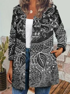 Detail view of women's vintage ethnic mandala print on a long-sleeved open front cardigan