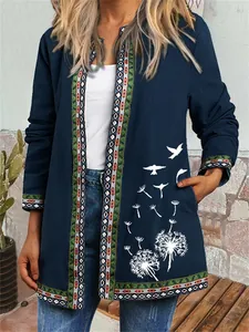 Retro ethnic print open front cardigan jacket with white dandelion and bird patterns