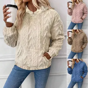 Damen Jacquard-Kapuzenpullover aus Plüsch in verschiedenen Farben wie Beige, Rosa und Blau