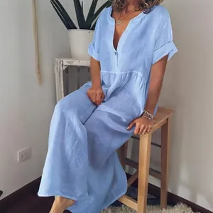 Elegant light blue V-neck short sleeve loose linen maxi dress for summer fashion