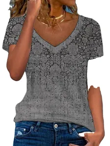 Stylish women's casual V-neck short sleeve top featuring an elegant grey floral pattern print