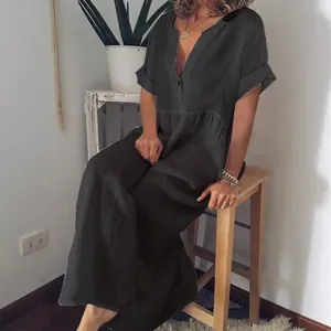 Stylish casual women's V-neck short sleeve cotton linen loose maxi dress in dark grey