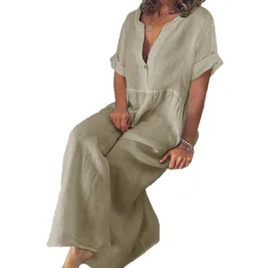 Fashionable V-neck short sleeve cotton linen maxi dress with loose fit for summer