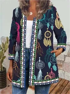 Bohemian ethnic style cardigan with colorful dreamcatcher print and feather details